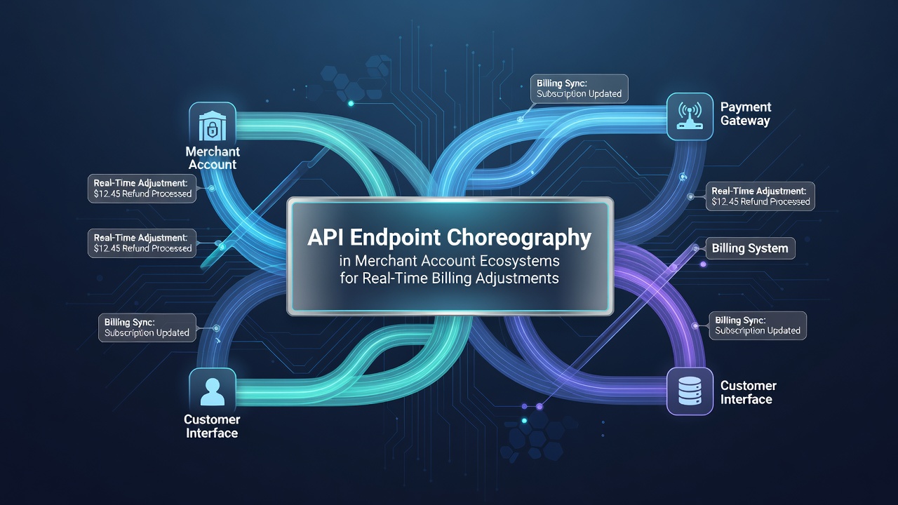 Diagram showing API endpoints coordinating across merchant account systems for billing updates