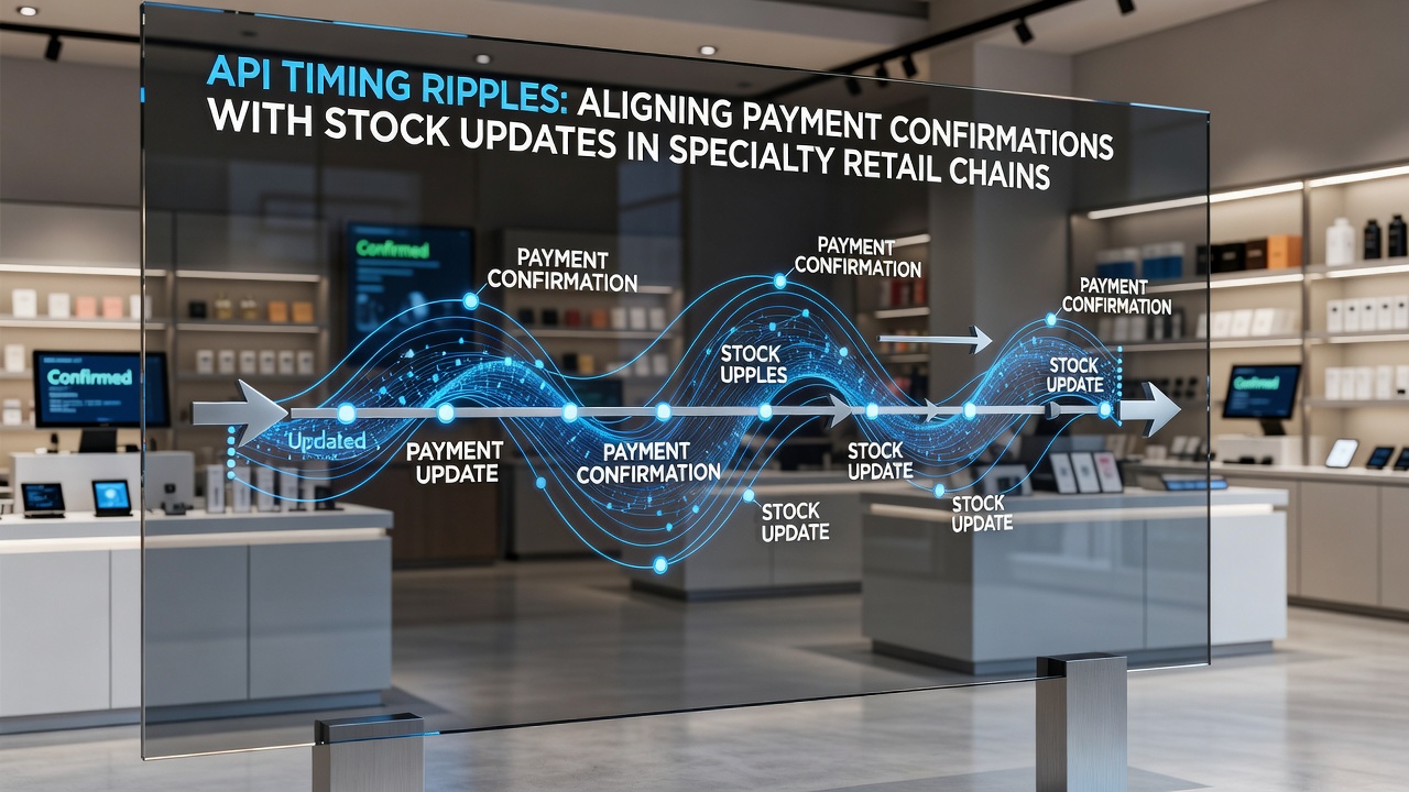 Retail store scene showing synchronized payment and stock management interfaces on multiple devices
