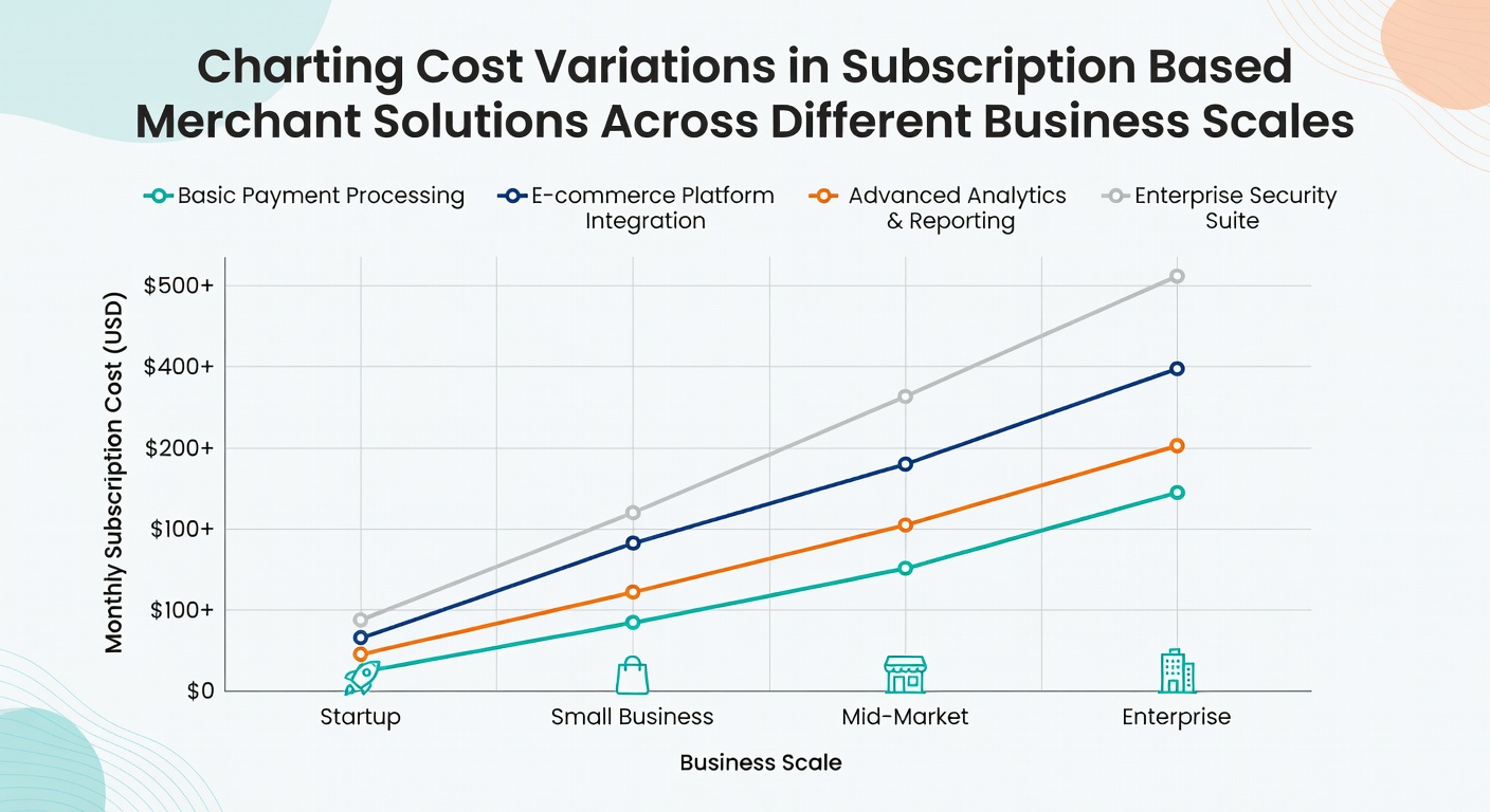 Chart displaying subscription merchant solution pricing tiers for businesses of varying scales including startup, mid-size, and enterprise levels