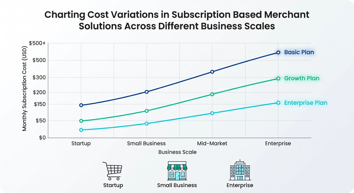 Graph comparing monthly merchant solution expenses across small, medium, and large business scales with cost per transaction overlays