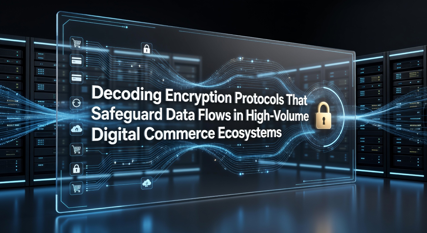 Visualization of encrypted data streams flowing through digital commerce networks with layered security protocols