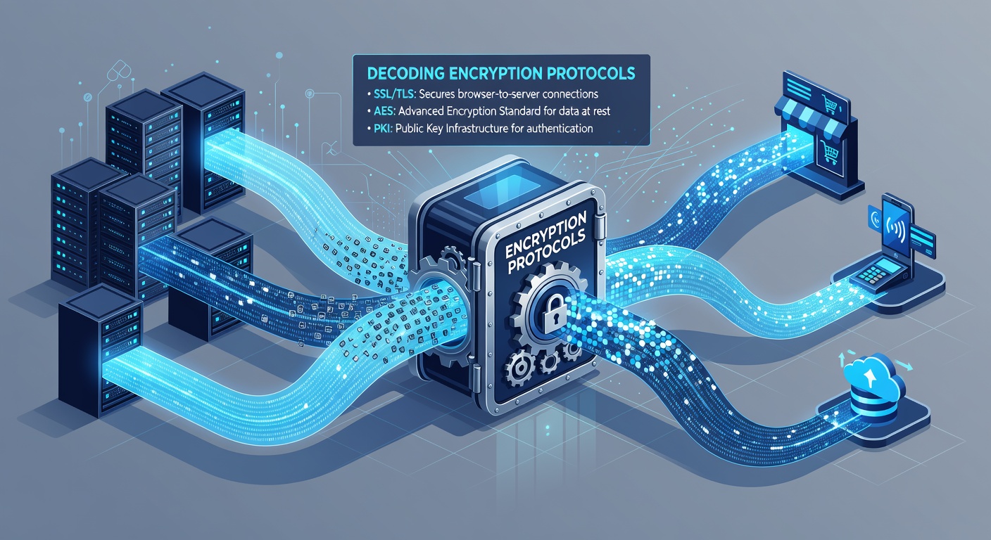 Diagram illustrating AES encryption layers protecting stored commerce data alongside TLS-secured transmission paths