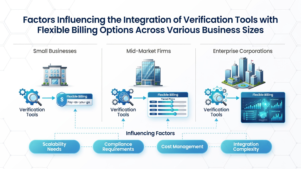 Illustration showing verification tools connecting with flexible billing systems in businesses of different scales