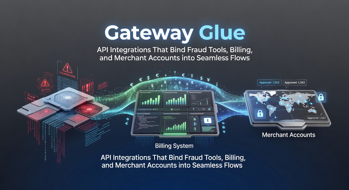 Diagram showing interconnected API flows linking fraud detection systems, billing software, and merchant account dashboards in a payment gateway ecosystem