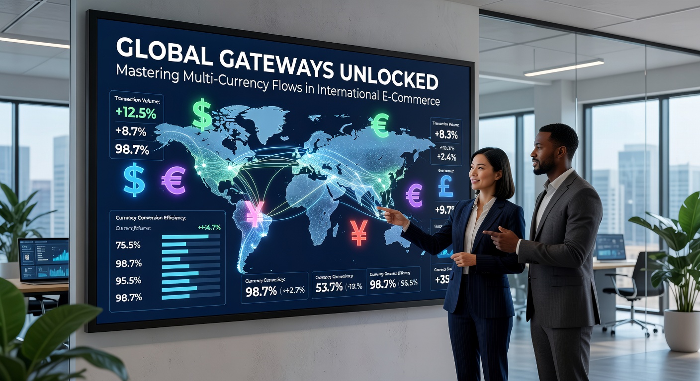 Digital globe with interconnected currency symbols and e-commerce icons flowing between countries, illustrating multi-currency payment networks