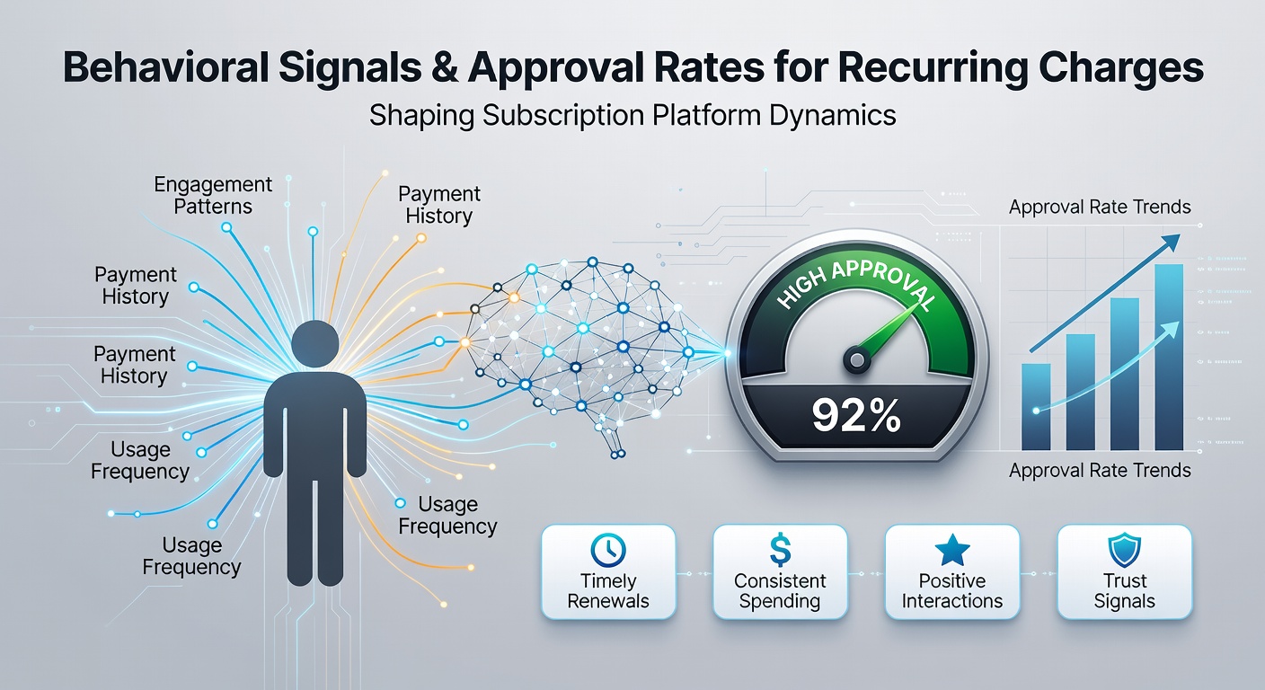 Visualization of behavioral signals like device patterns and usage data influencing recurring payment approval rates on subscription platforms