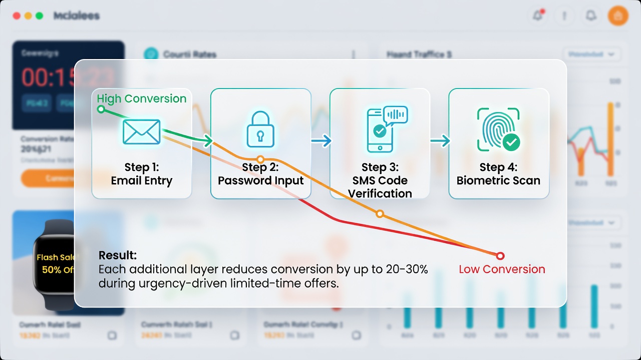 Analytics dashboard displaying conversion rate drops tied to authentication layers in pop-up shop campaigns