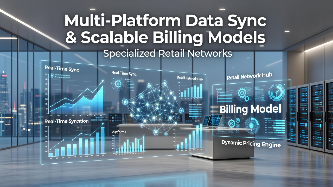 Multi-platform data synchronization across retail channels visualized through connected network diagrams