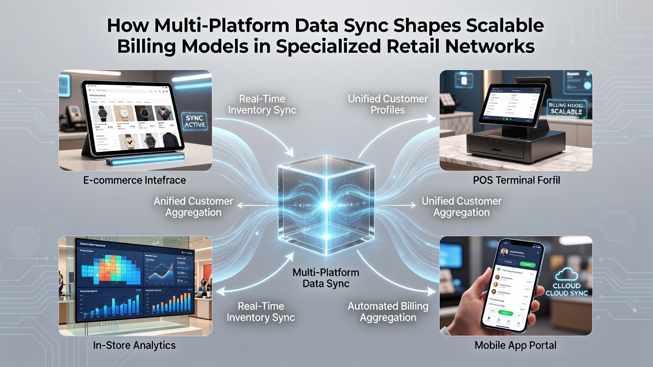 Billing dashboard showing synchronized transaction data flowing between retail platforms