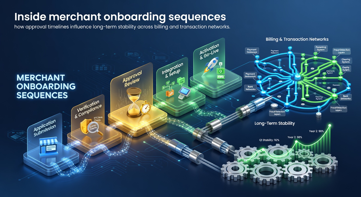 Visual overview of merchant onboarding workflow showing sequential approval steps in payment processing systems