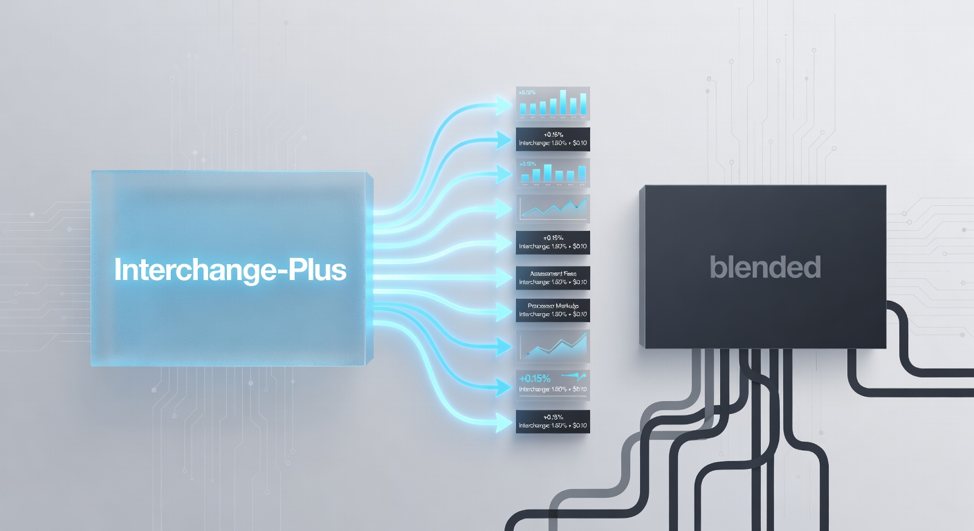 Side-by-side charts illustrating interchange-plus transparency versus tiered pricing buckets, highlighting fee breakdowns for merchants
