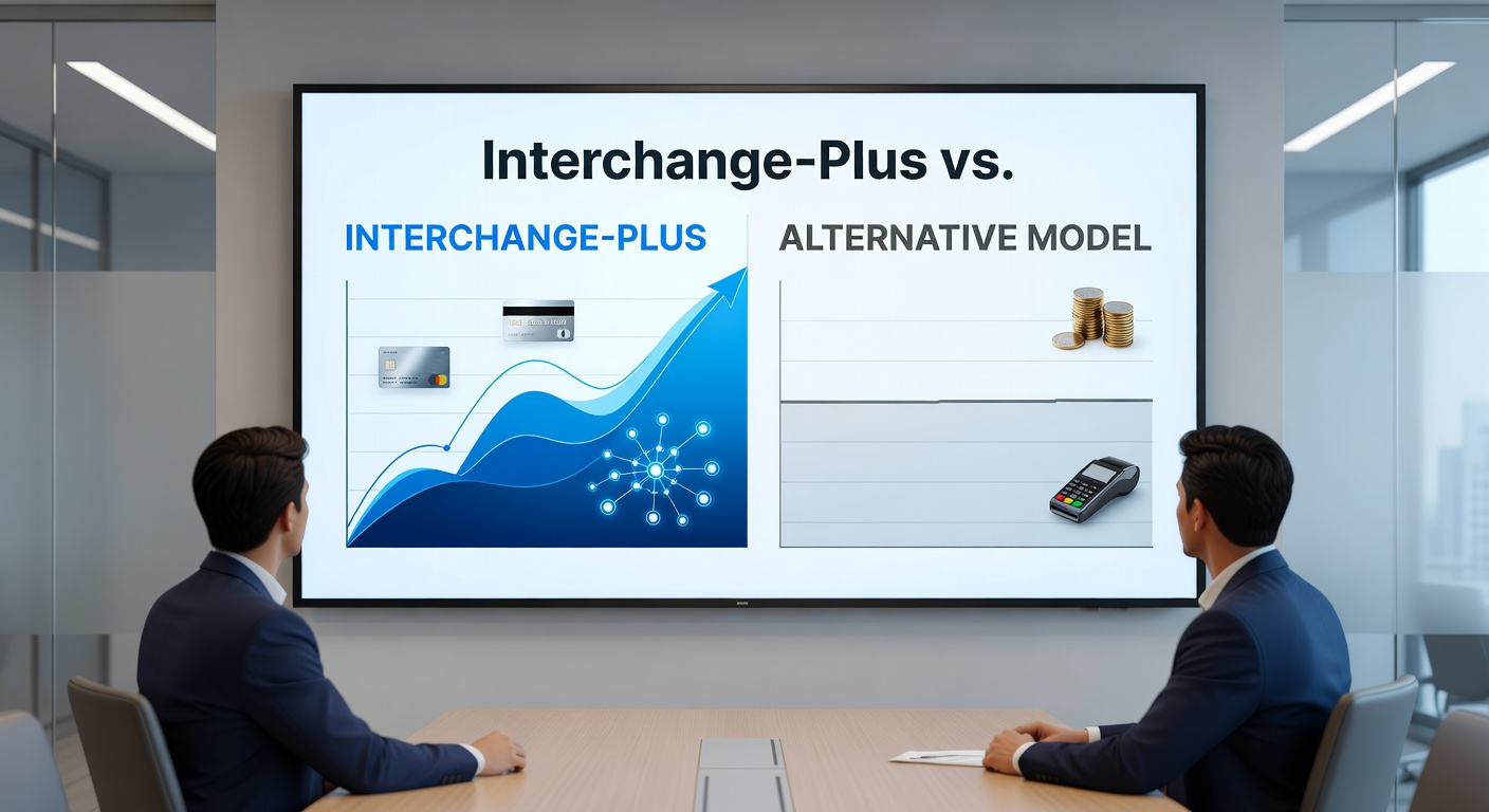 Infographic comparing average merchant fees under interchange-plus (transparent line) versus tiered pricing (stepped buckets), with real-world savings projections for 2026