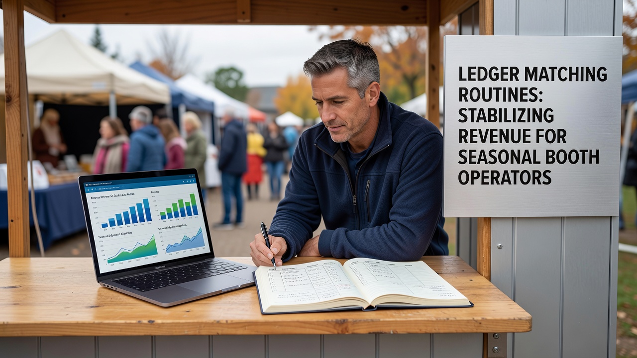 Seasonal booth operators reconciling sales ledgers with bank records at an outdoor market