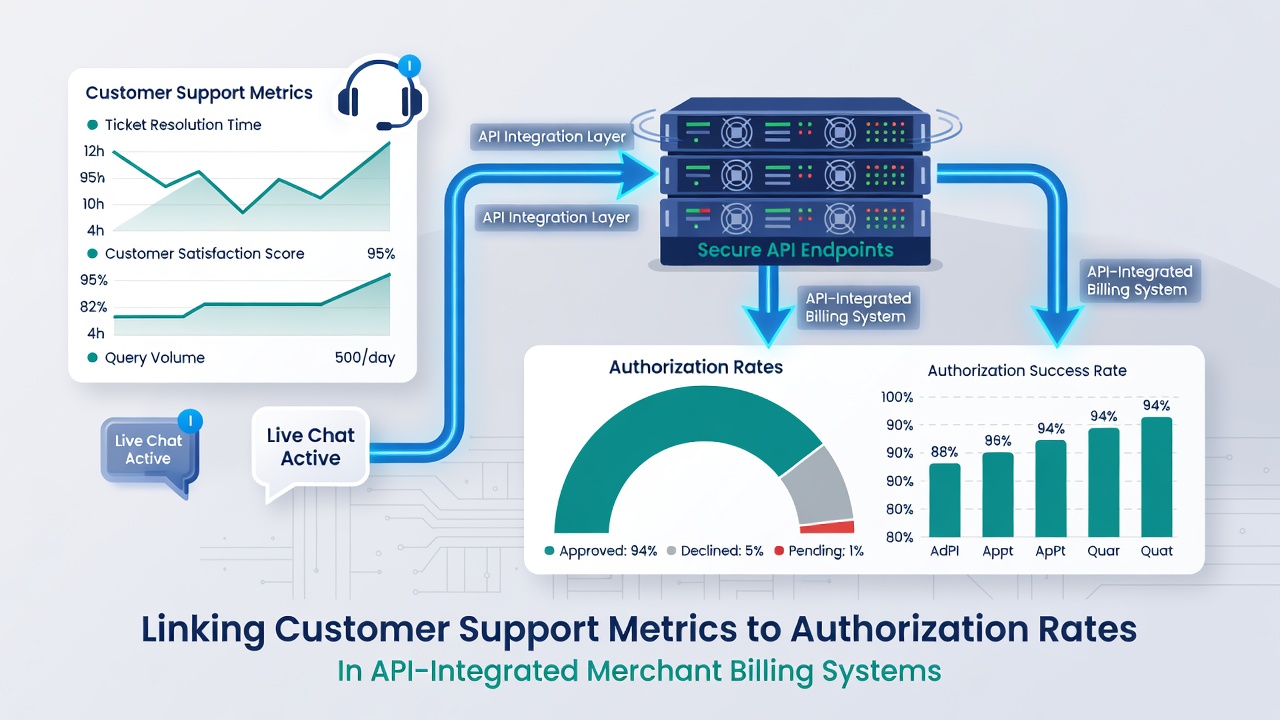 API endpoint diagram illustrating support ticket data flowing into merchant authorization requests