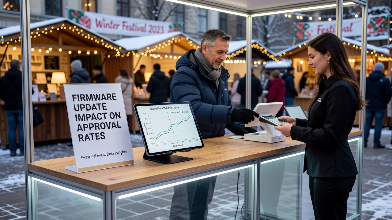 Close-up of firmware update process on a handheld payment terminal at an outdoor market