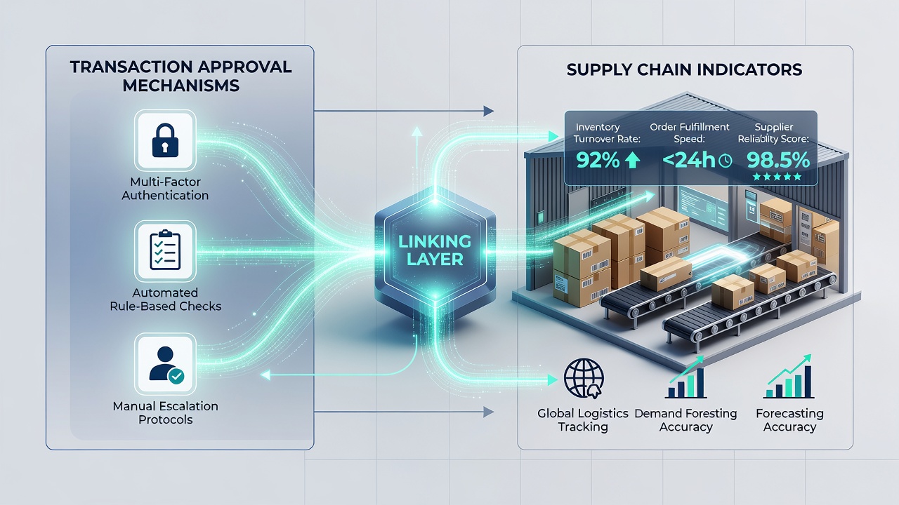 Dashboard showing supply chain metrics integrated with payment authorization workflows