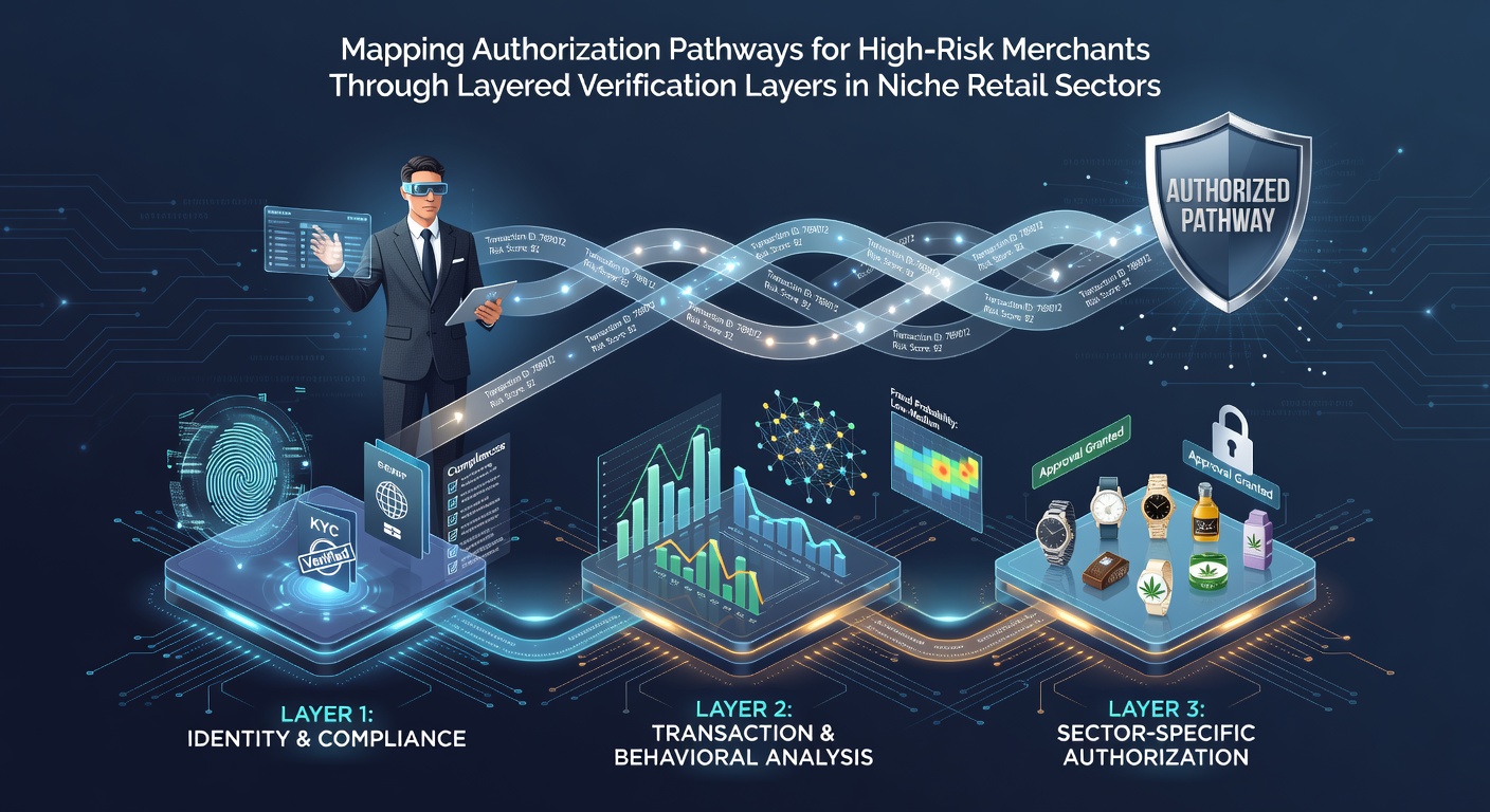 Diagram showing layered verification flows for high-risk merchant authorization pathways in retail payment systems
