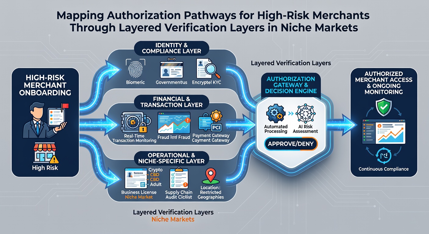 Flowchart illustrating multi-stage authorization pathway with verification checkpoints for niche retail merchants