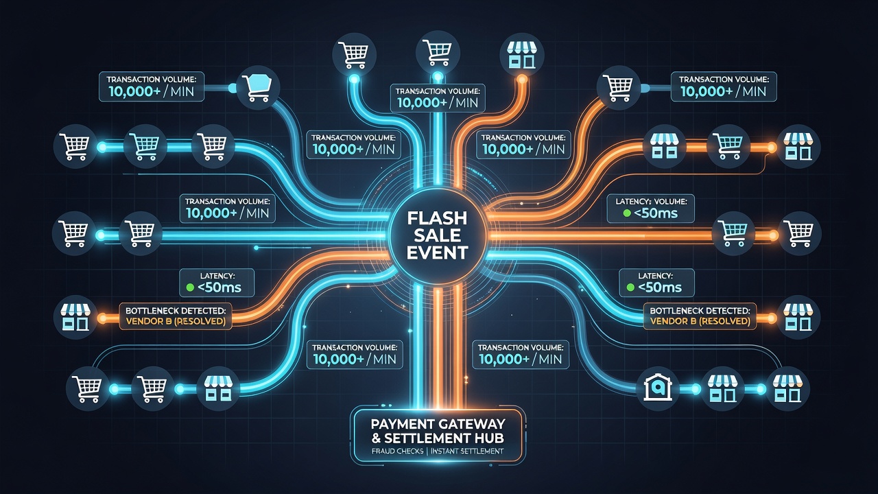 Flowchart showing synchronization points and efficiency gains in multi-vendor payment processing during peak events