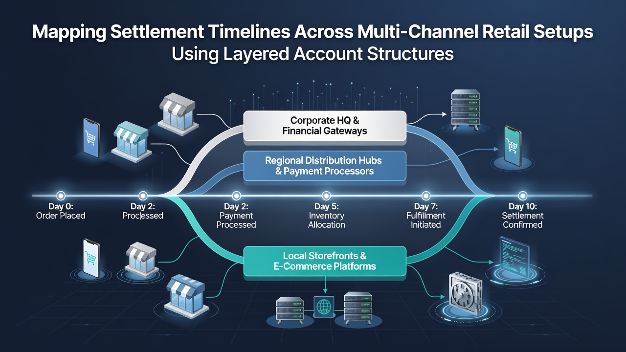 Diagram showing layered account structures mapping settlement flows from online, in-store, and mobile retail channels