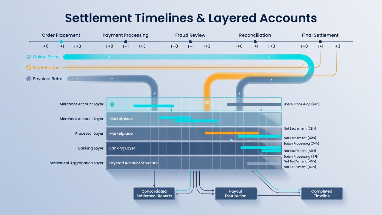 Screenshot of a settlement timeline dashboard displaying sub-account flows for different retail channels