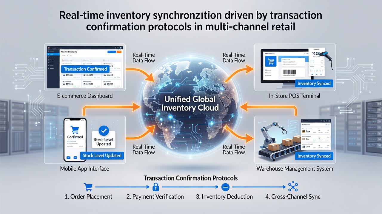 Flowchart depicting transaction confirmation signals updating inventory databases across multiple retail platforms