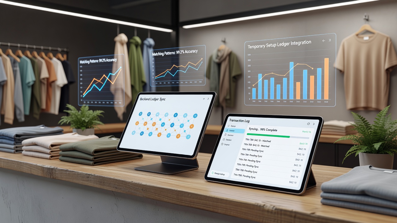 Mobile payment terminal syncing data to backend ledger in a temporary retail pop-up setup