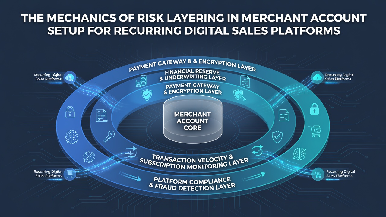 Diagram showing layered risk assessment components in merchant account applications for subscription platforms
