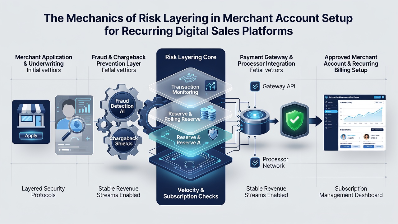 Flowchart depicting sequential risk layering stages during merchant onboarding for digital subscription services