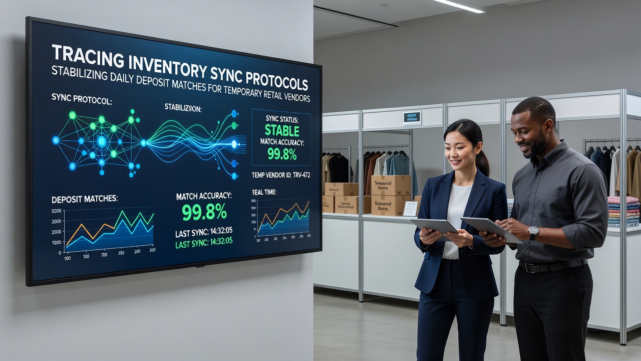 Inventory sync protocols connecting point-of-sale systems with backend ledgers for temporary retail vendors during daily operations