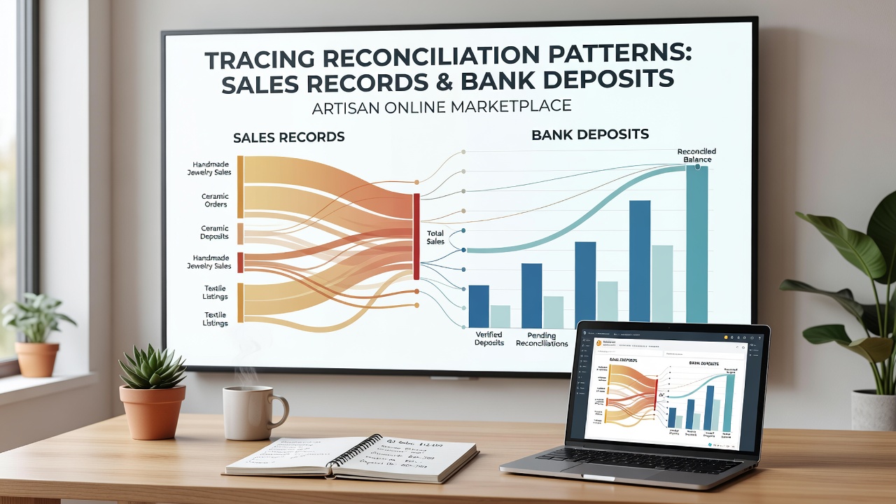 Merchant reviewing synchronized sales and deposit reports on dual monitors