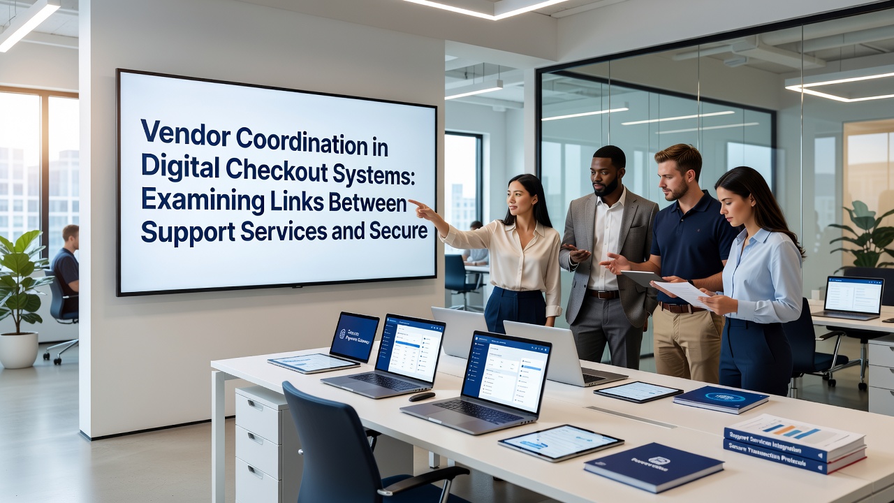 Team of retail technology specialists reviewing vendor coordination metrics on multiple screens