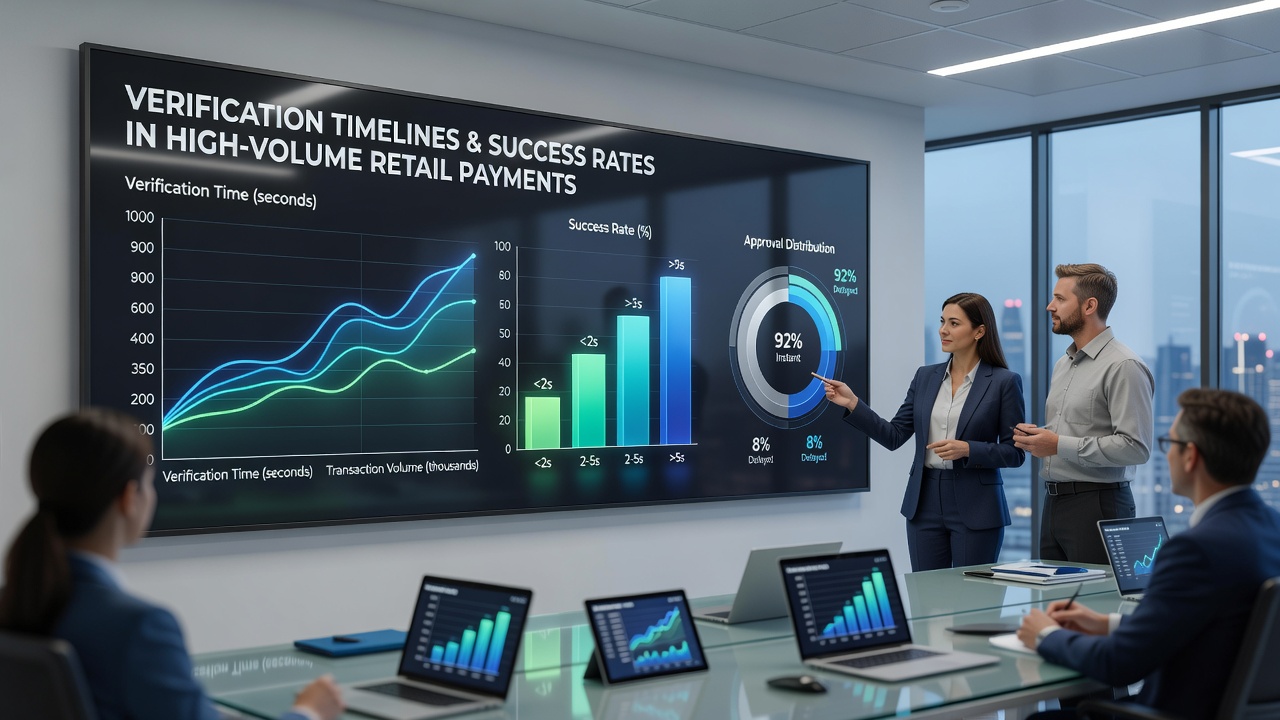 Dashboard showing verification timeline metrics and approval rate trends for retail payments